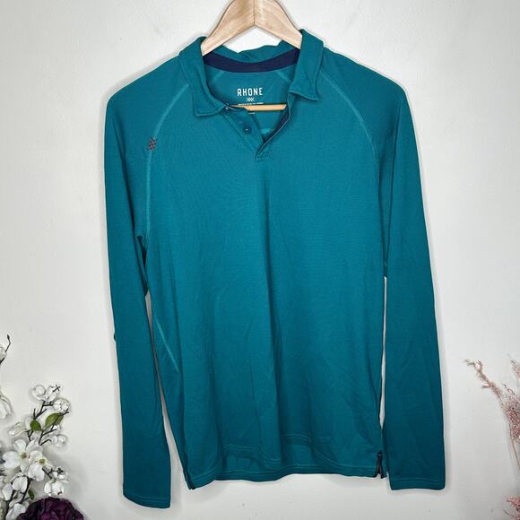 RHONE Delta Pique Long Sleeve Henley Pullover Deep Teal Lake Blue Sz M {LL48} - Picture 3 of 7